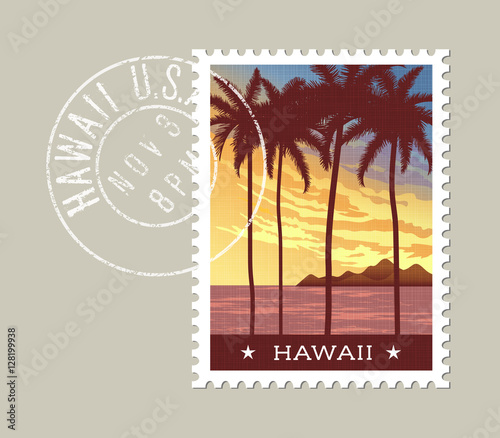 Hawaii postage stamp design. Vector illustration of tall palm trees at sunset. Grunge postmark on separate layer