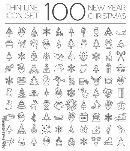 Christmas, New Year holidays icon big set. Thin line version. Fl