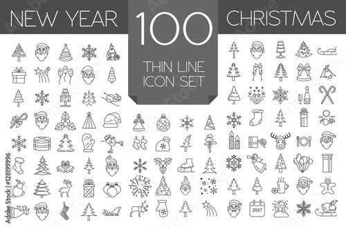 Christmas, New Year holidays icon big set. Thin line version. Fl
