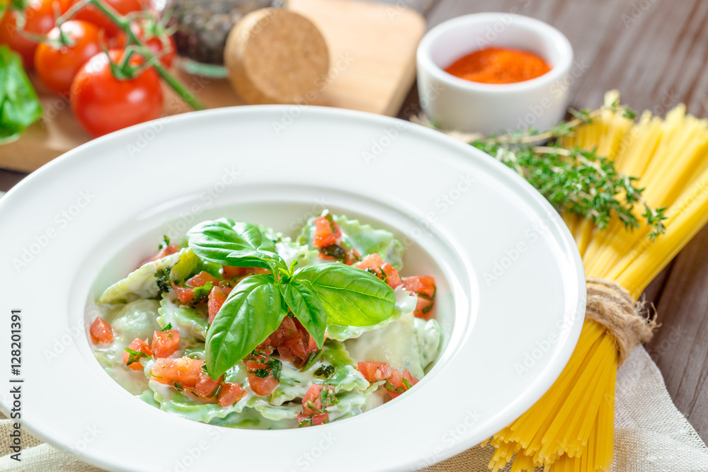 Ravioli pasta from green dough stuffing Ravioli pasta from green dough stuffing