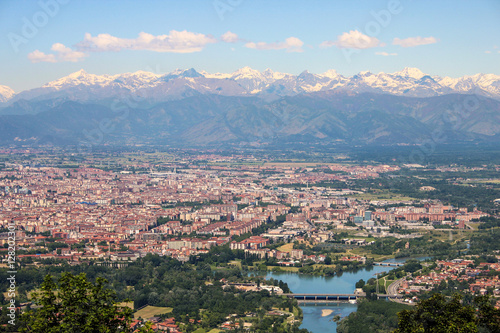 Turin (Torino), aerial panorama, landscape of the city and Alps in wintertime, Italy, Europe © faber121