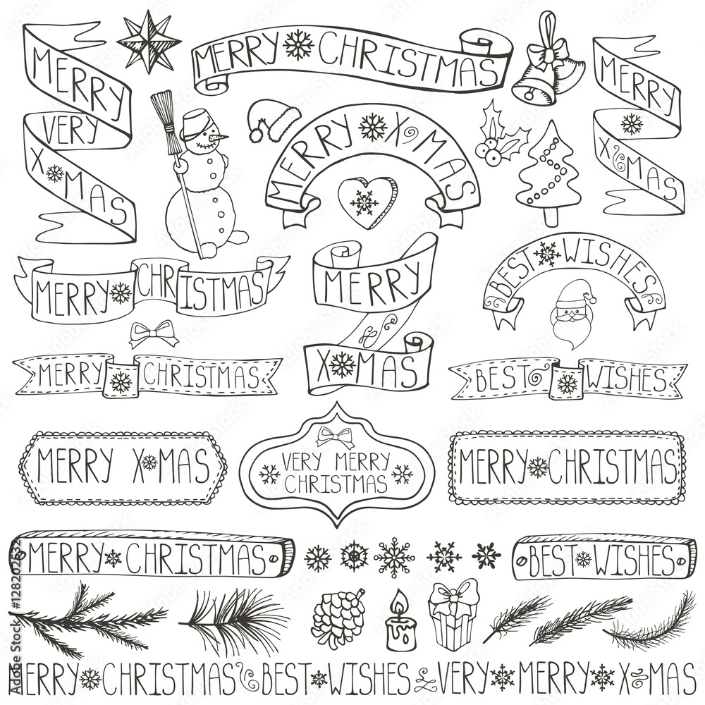 Christmas decoration labels,ribbons,lettering.Linear