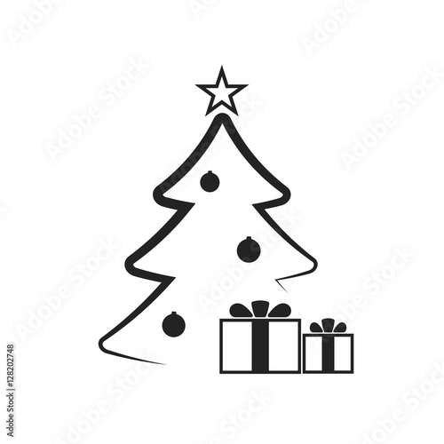 Christmas tree with balls, star, gift. Cartoon icon. Black silhouette decoration sign, isolated on white background. Flat design. Symbol holiday, Christmas, New Year celebration Vector illustration