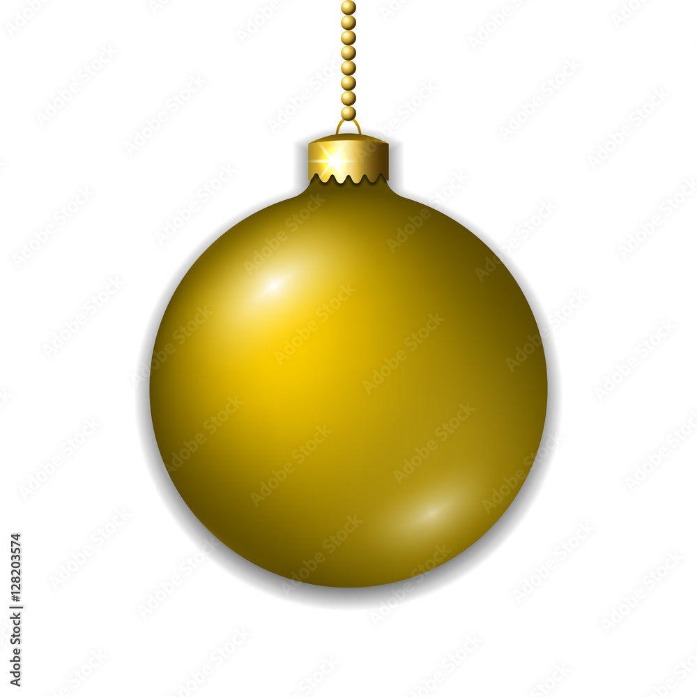 Merry Christmas 3D ball decoration. Gold glass bauble, isolated on white background. Bright shiny decorative holiday design. Golden symbol Xmas, Happy New Year celebration. Vector illustration Merry Christmas 3D ball decoration. Gold glass bauble, isolated on white background. Bright shiny decorative holiday design. Golden symbol Xmas, Happy New Year celebration. Vector illustration