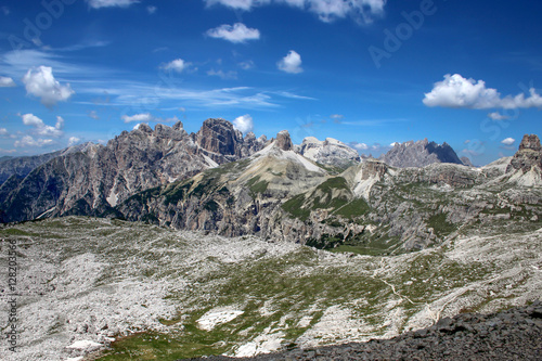 Along the walk Tre Cime di Laveredo trail, three of the most famous peaks of the Dolomites, in the Sesto Dolomites, Italy, Europe