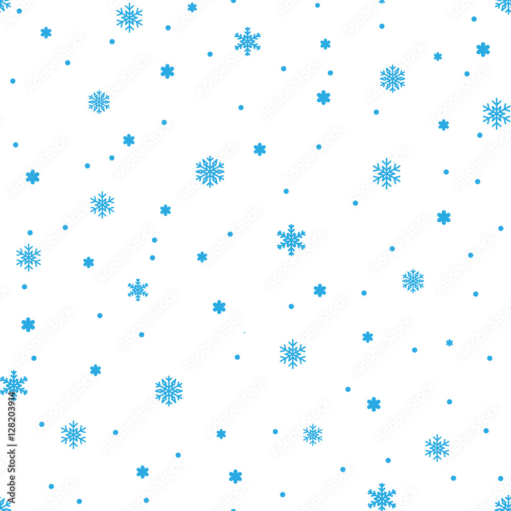 Snowflake simple seamless pattern. Blue snow on white background. Abstract wallpaper, wrapping decoration. Symbol of winter, Merry Christmas holiday, Happy New Year celebration Vector illustration Snowflake simple seamless pattern. Blue snow on white background. Abstract wallpaper, wrapping decoration. Symbol of winter, Merry Christmas holiday, Happy New Year celebration Vector illustration