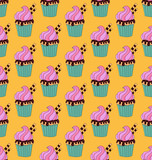 Cupcake doodles seamless colorful vector pattern