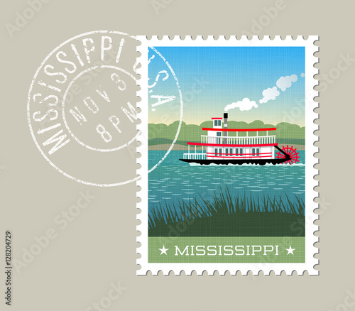 Mississippi postage stamp design. Vector illustration of steamship paddle boat on the river. Grunge postmark on separate layer