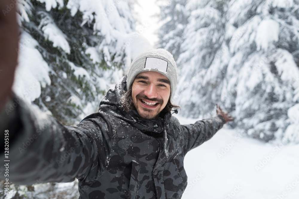 Young Man Smile Camera Taking Selfie Photo In Winter Snow Forest Guy Outdoors Walking White Park