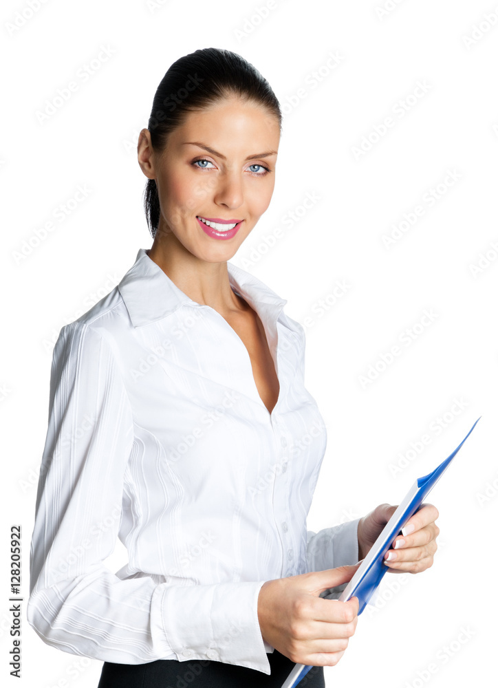 businesswoman with blue folder, isolated businesswoman with blue folder, isolated