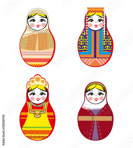 Nested dolls set. Matryoshka dolls with different traditional Russian ornaments. Isolated vector illustration. Eps 10