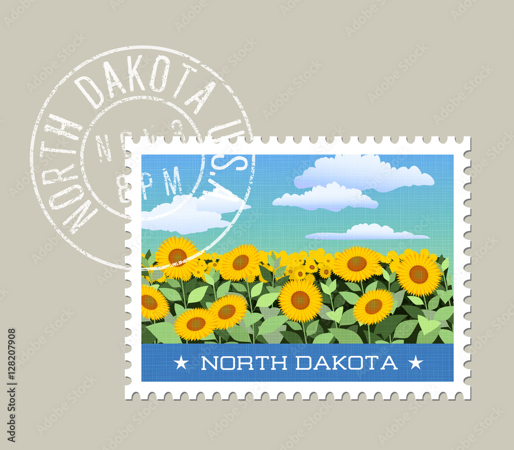 Naklejka premium North Dakota postage stamp design. Vector illustration of field of sunflowers. Grunge postmark on separate layer