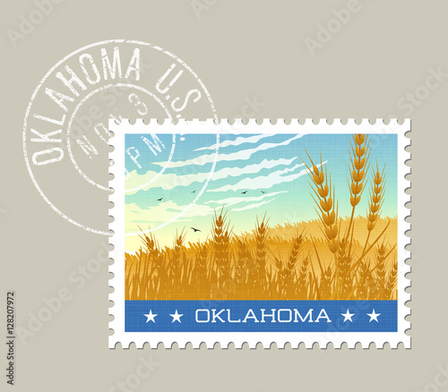 Oklahoma postage stamp design. Vector illustration of wheat fields under morning sky. Grunge postmark on separate layer