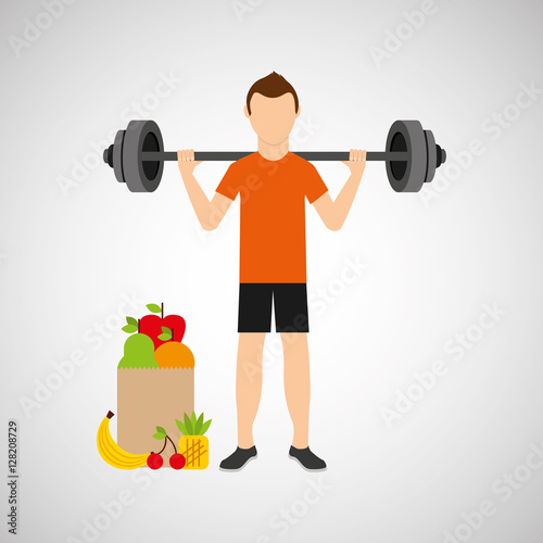 man heavy barbell exercising bag health food vector illustration eps 10
