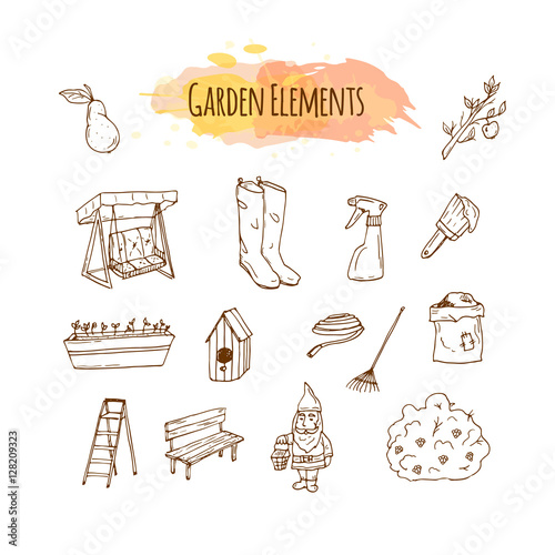 Hand drawn garden tools illustration. Spring gardening sketch art
