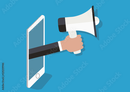 Influencer. Influencer Marketing Concept: Hand Holding Megaphone Emerging from Tablet Screen - Digital Communication