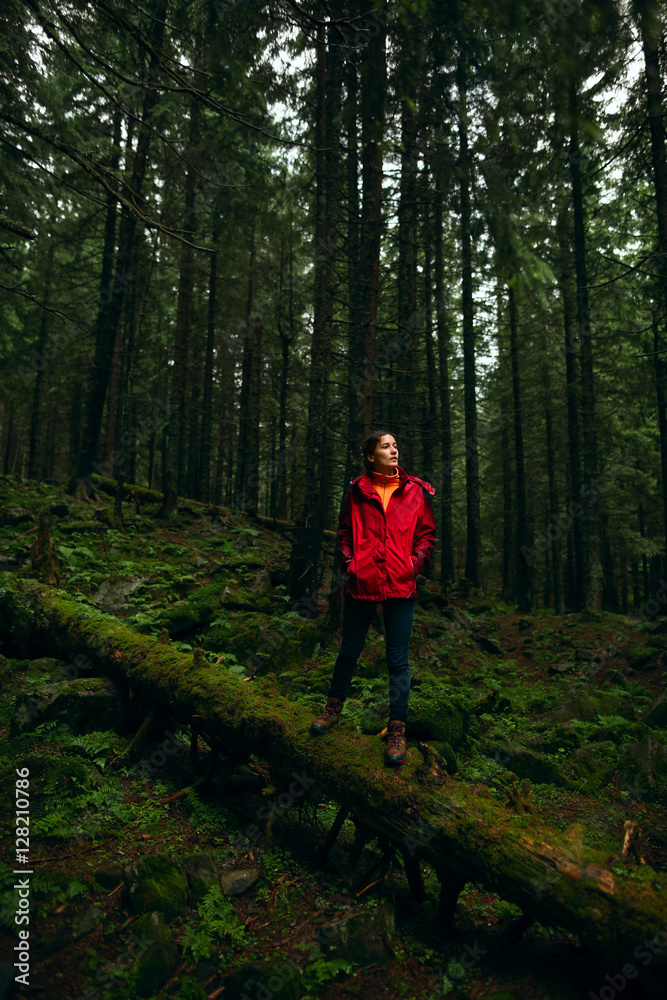 Obraz premium Woman hiking. Hike in the mountains. Woman traveler with backpack on beautiful landscape. Young woman tourist walking along the trail in the rain forest.