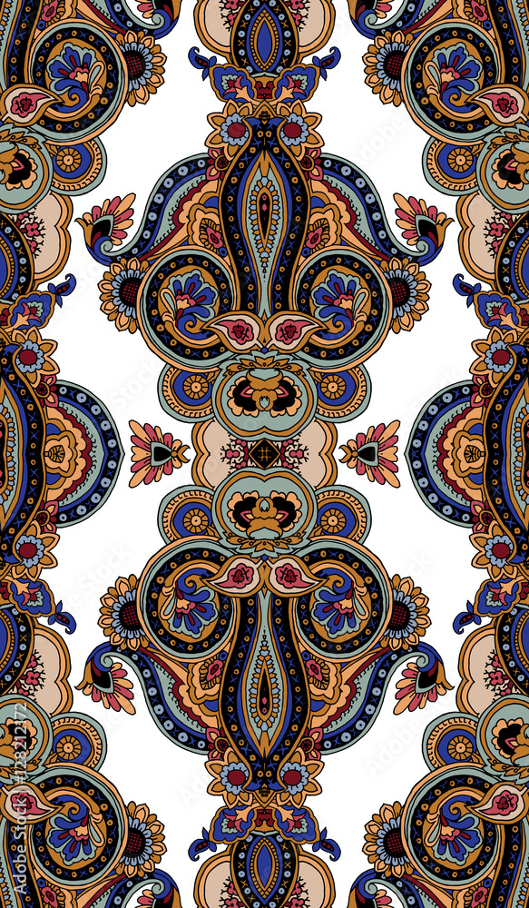 Seamless kaleidoscope abstract geometric paisley pattern. Traditional vertical textile oriental ornament. Textile design.
