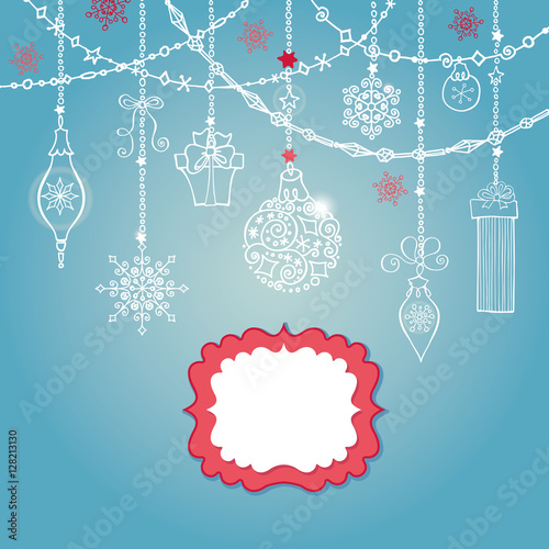 Christmas card with ball garlands label gifts