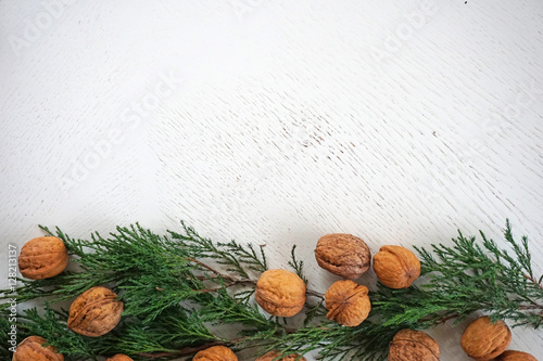 Nuts and Christmas tree on the white background. Place for text