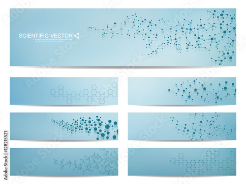 Set of modern scientific banners. Molecule structure DNA and neurons. Abstract background. Medicine, science, technology. Vector illustration for your design.