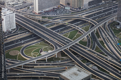 Architecture theme and concept. Dubai main intersection. Aerial view. Futuristic city.