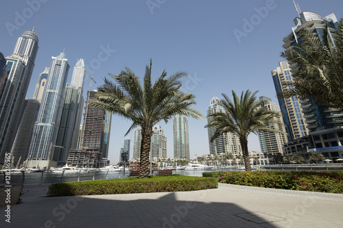 Modern corporate city. Skyscrapers wide angle view from the bottom. Business and finance theme. Dubai city main highway. Wide angle shot. Place for text. © zolnierek