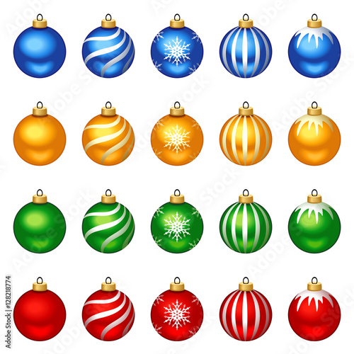 Vector set of red  yellow  green and blue Christmas balls with patterns isolated on a white background.