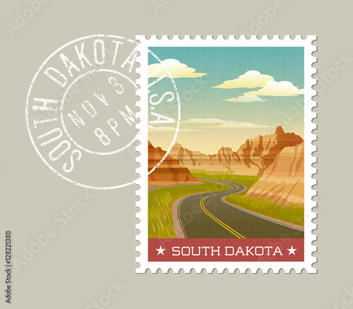 South Dakota, postage stamp design. 
Vector illustration of scenic Badlands. Grunge postmark on separate layer