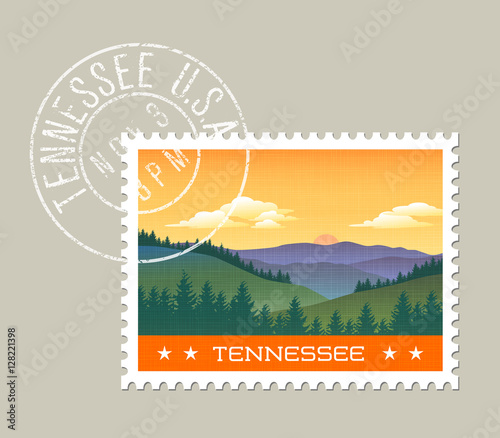 Tennessee postage stamp design. 
Vector illustration of smoky mountains.  Grunge postmark on separate layer