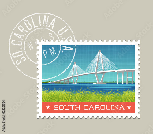 South Carolina postage stamp design. 
Vector illustration of coastal landscape with bridge. Grunge postmark on separate layer.