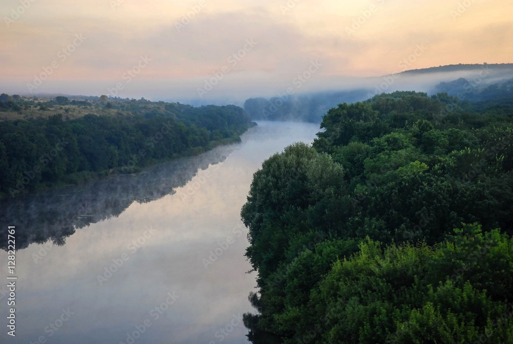 Misty sunrise on the Southern Buh river, Mykolayiv region, Ukraine