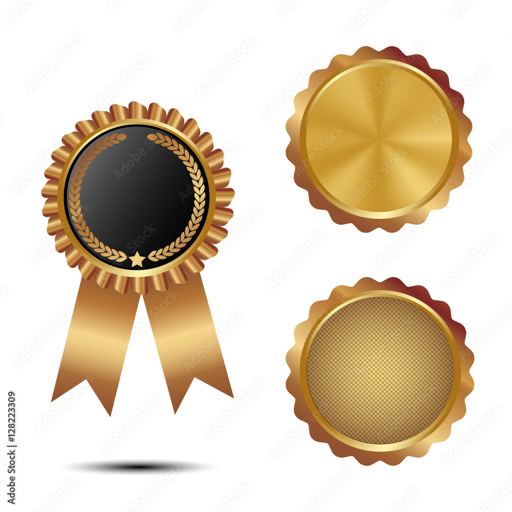 Set of golden seal of quality template with ribbon Set of golden seal of quality template with ribbon