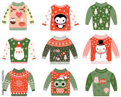 Cute ugly Christmas sweaters vector clip art set 