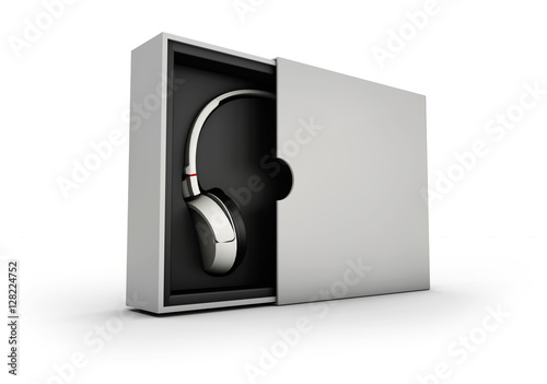3d Illustaration of Black and silver headphones in white box on