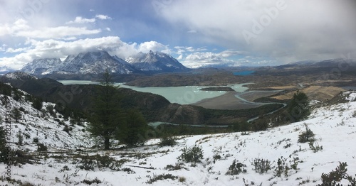 Landscape of lake and waterfalls in Patagonia Chile
