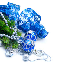 Christmas and New Year Blue blue decoration isolated on white. Border art design with holiday baubles