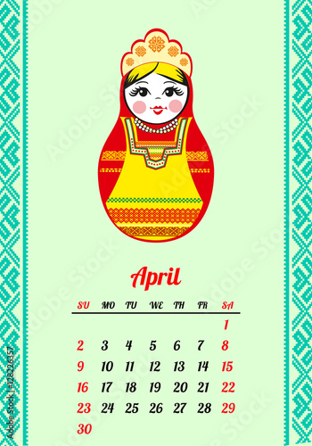 Calendar with nested dolls 2017. Matryoshka with different Russian national ornament. 2017 design. April . Week Starts Sunday. Vector illustration. Eps 10.