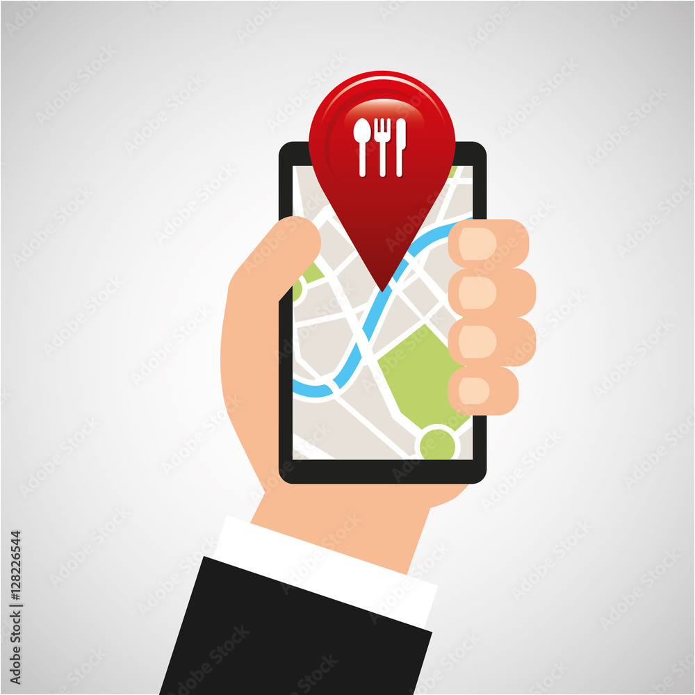 hand holds phone navigation app restaurant vector illustration eps 10 hand holds phone navigation app restaurant vector illustration eps 10