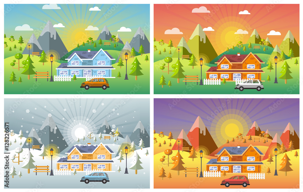 landscape design set with Winter, Spring, Summer, Autumn. houses
