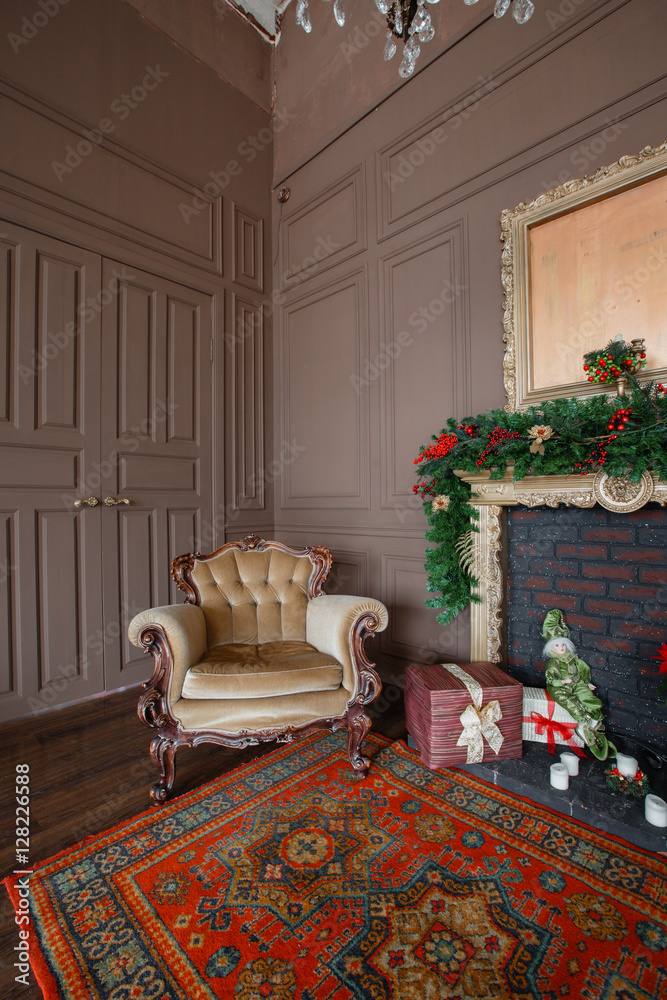 Calm image of interior Classic New Year Tree decorated in a room with fireplace