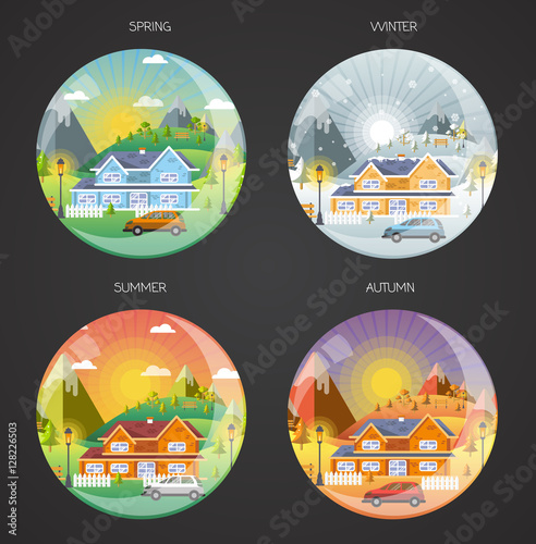 circles shapes landscape design set with Winter, Spring, Summer,