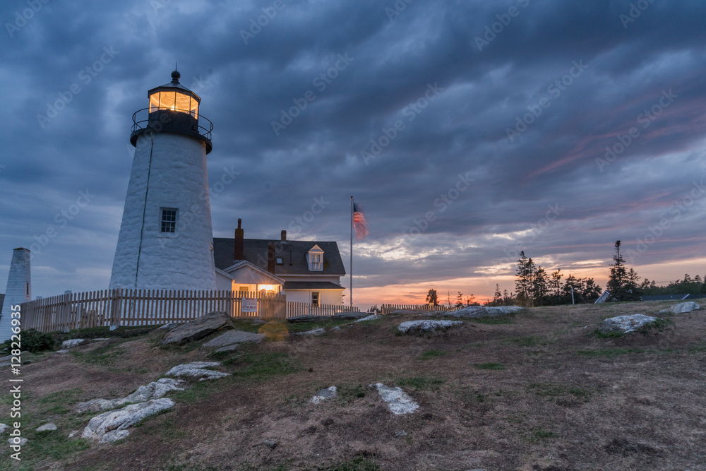 Pemaquid Lighthouse in Maine during blue hour just after sunset