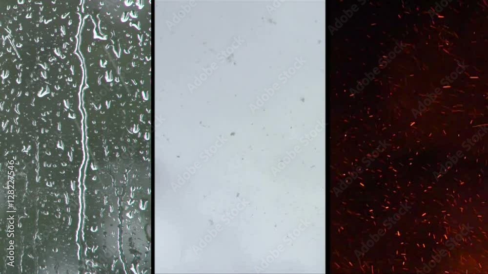 The elements fire, rain and snow split screen in one frame.