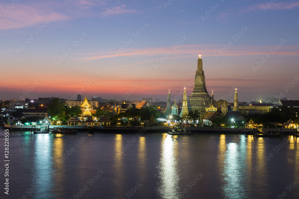 Arun temple river front, Thailand landmark during twilight
