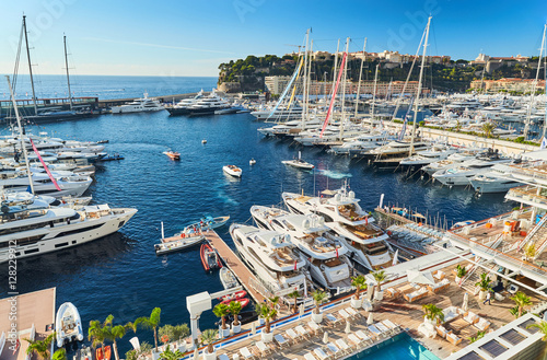 Monaco, Monte-Carlo, 29 September 2016: World Fair MYS Monaco Yacht Show, Port Hercules, luxury megayachts, many shuttles, taxi boat, presentations, Journalists, boat traffic, Azur water © Vladimir Drozdin