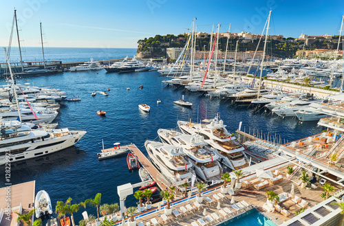 Monaco, Monte-Carlo, 29 September 2016: World Fair MYS Monaco Yacht Show, Port Hercules, luxury megayachts, many shuttles, taxi boat, presentations, Journalists, boat traffic, Azur water © Vladimir Drozdin