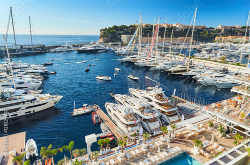 Monaco, Monte-Carlo, 29 September 2016: World Fair MYS Monaco Yacht Show, Port Hercules, luxury megayachts, many shuttles, taxi boat, presentations, Journalists, boat traffic, Azur water