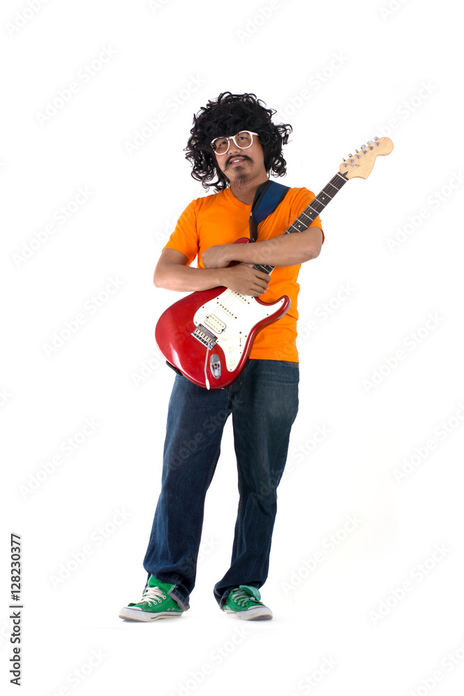 guitarist plays on the electric guitar with bright emotions, iso