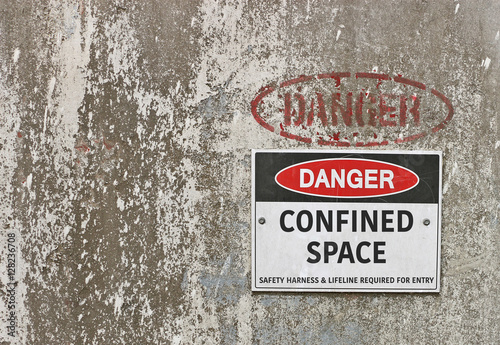 red, black and white Danger, Confined Space warning sign